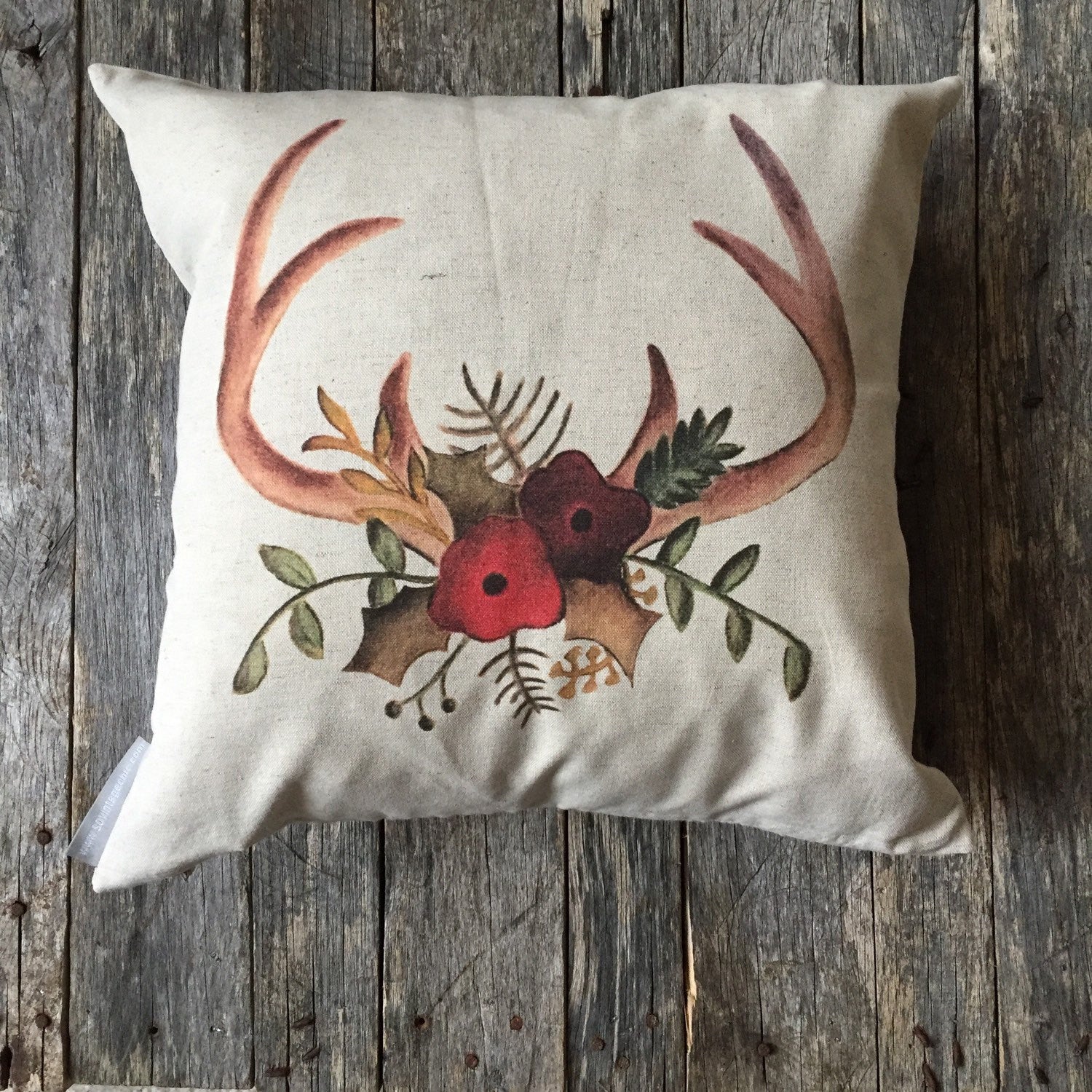 Hand Drawn Antlers Pillow Cover - Linen and Ivory