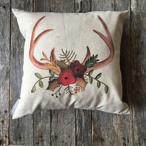 Hand Drawn Antlers Pillow Cover - Linen and Ivory