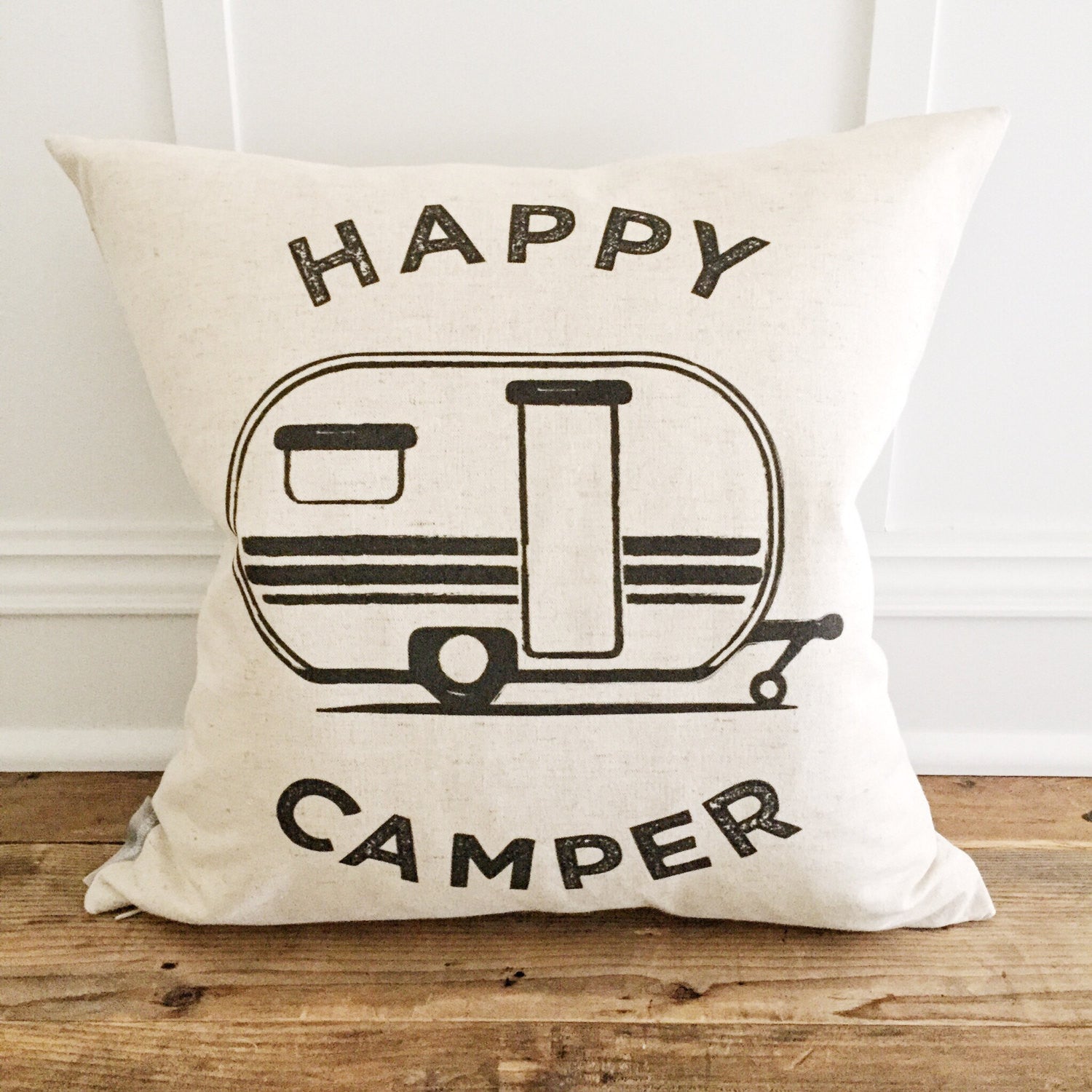 Retro Happy Camper Pillow Cover - Linen and Ivory