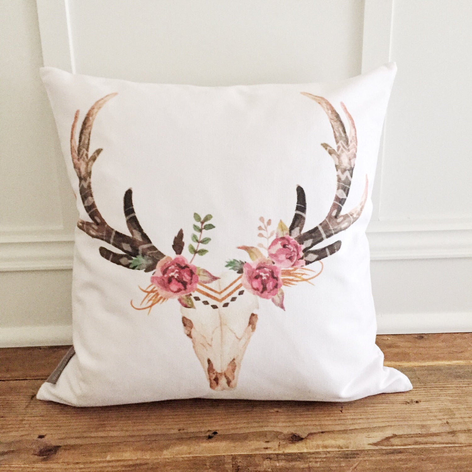 Aztec Deer Pillow Cover (Floral) - Linen and Ivory