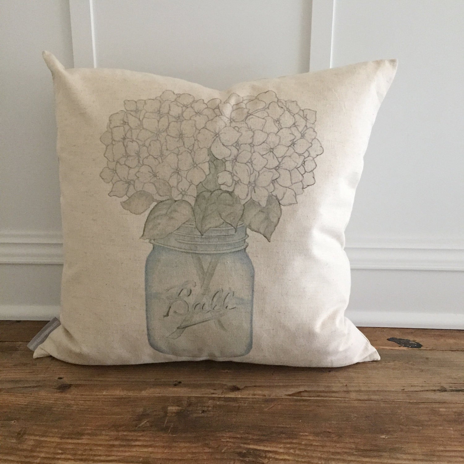 Hydrangeas Mason Jar Pillow Cover - Linen and Ivory