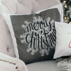 Herringbone Merry Christmas Pillow Cover - Linen and Ivory