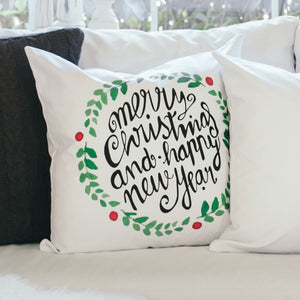 Merry Christmas & Happy New Year Wreath Pillow Cover - Linen and Ivory