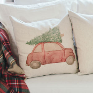Red Christmas Tree Car Pillow Cover - Linen and Ivory